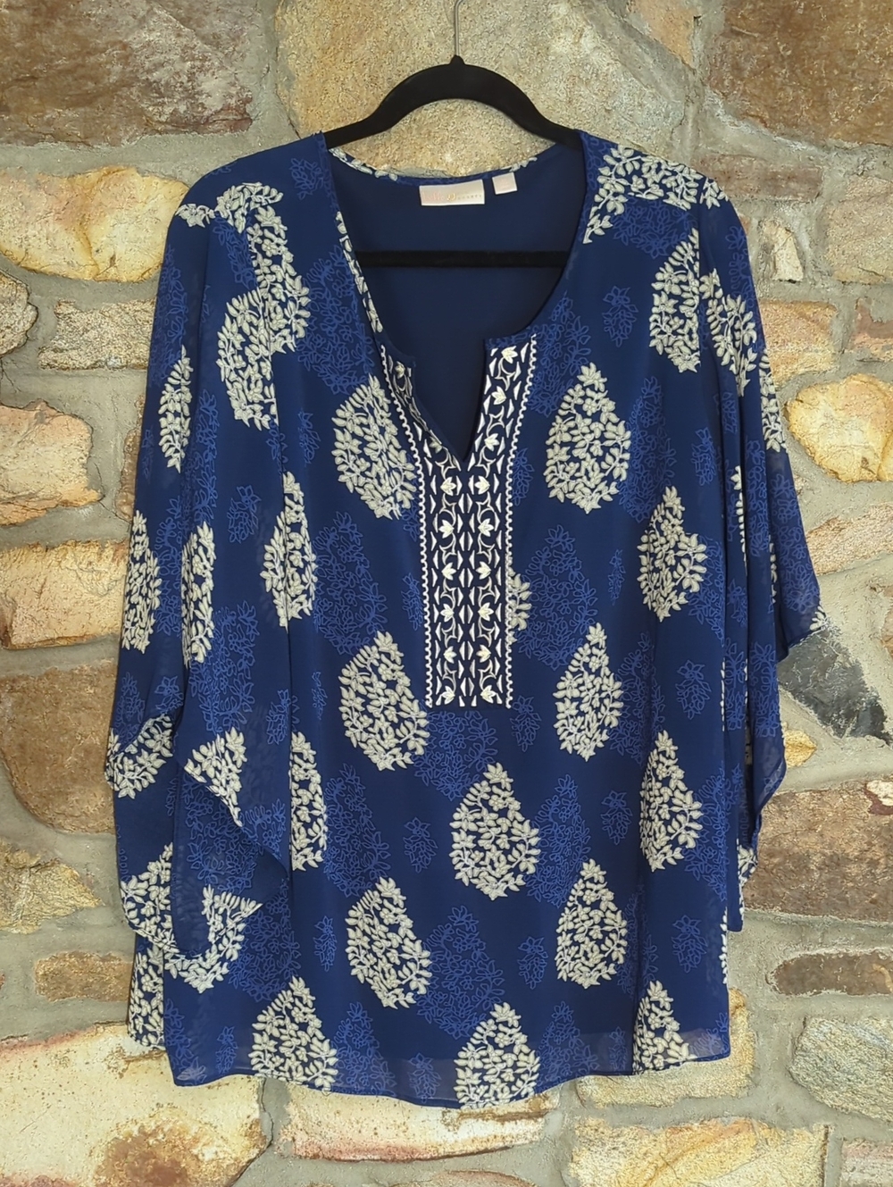 Belle by Kim Gravel Navy and White Printed Tunic Top